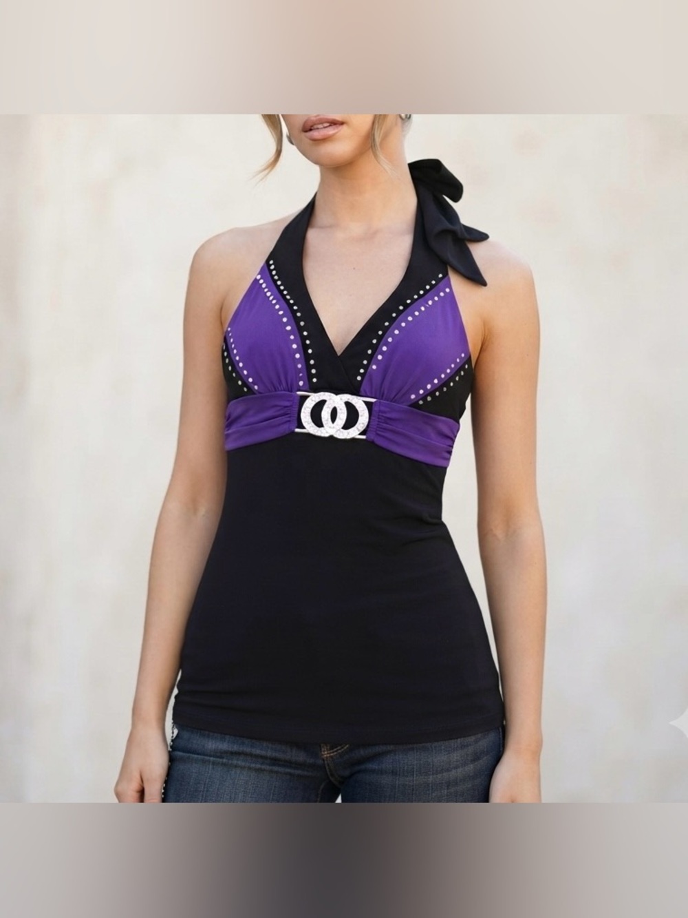 Solar Y2K Black Purple Halter Top Rhinestone Buckle Size M Clubwear Party Top